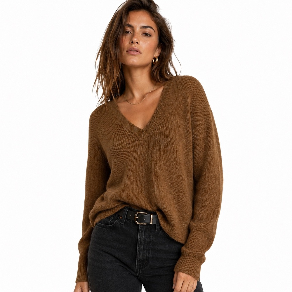 Reformation 100% Alpaca V-Neck Ribbed Sweater Camel Brown Small Made in USA